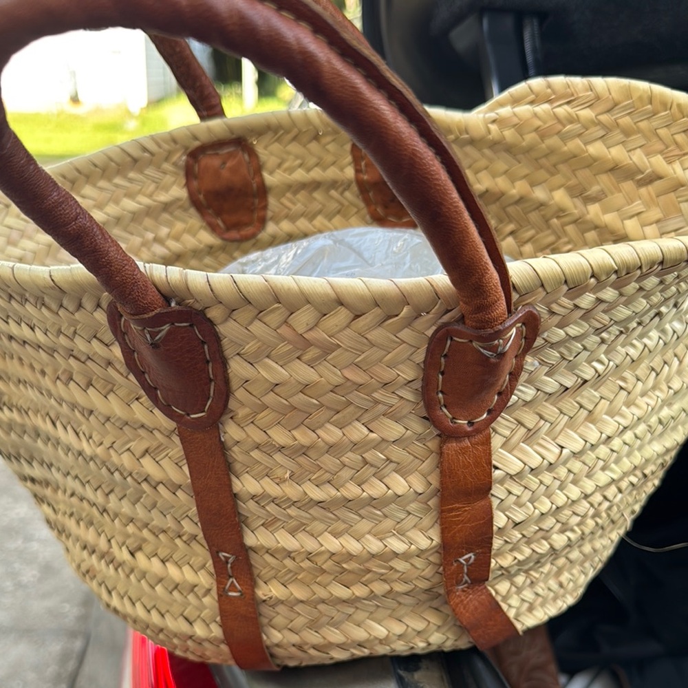 Straw Tote Bag with Brown Leather Handles